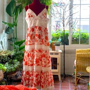 Floral Lace-Trim Maxi Dress - Orange/White